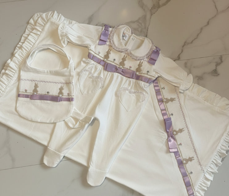 ‘Bunnys’ smocked babygrow 4 piece set