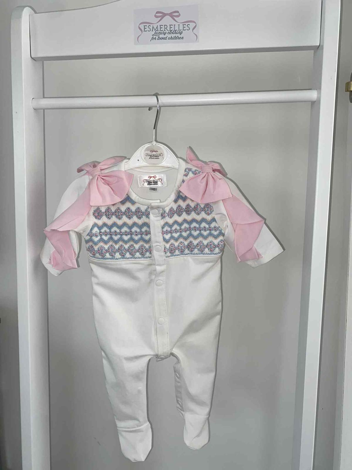 Beautiful Smocked Baby Grow With Bow Detailing