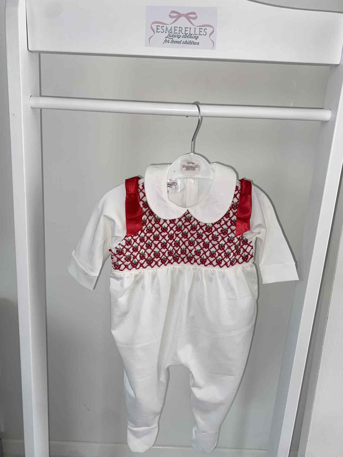 Strawberry Smocked Babygrow With Bow Detailing