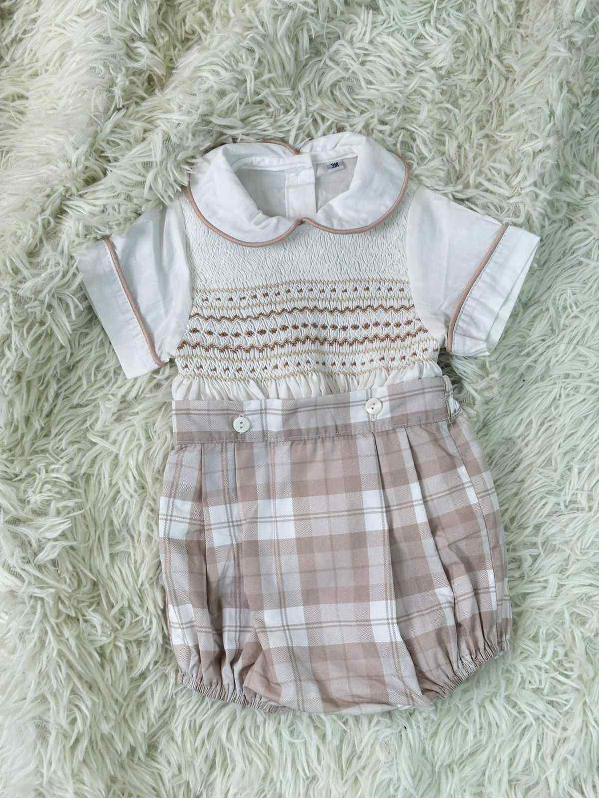 Boys Beige Tartan 2 Piece Romper Set