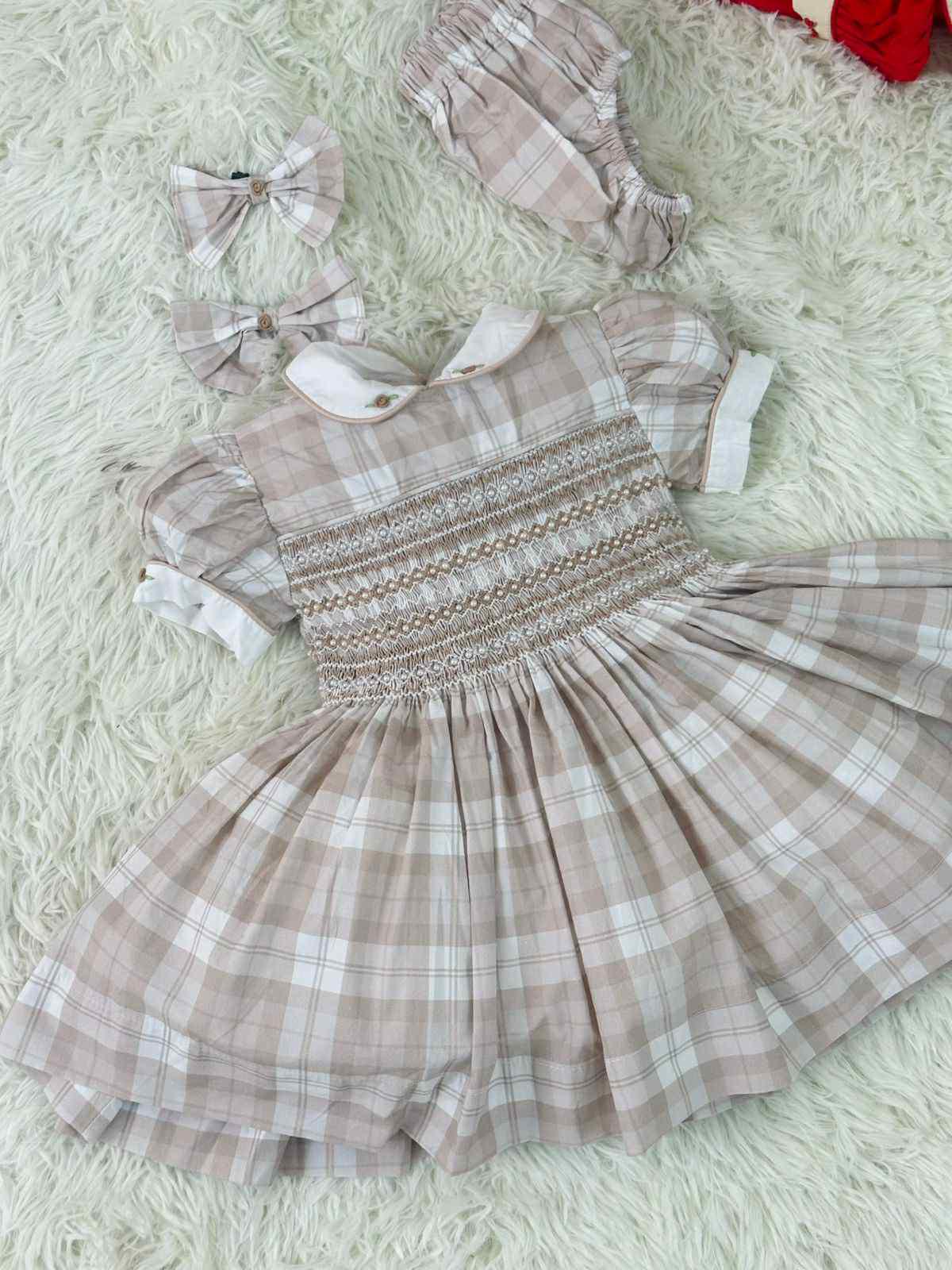 Beige Tartan Smock Dress With Beautiful Pear Embellishments