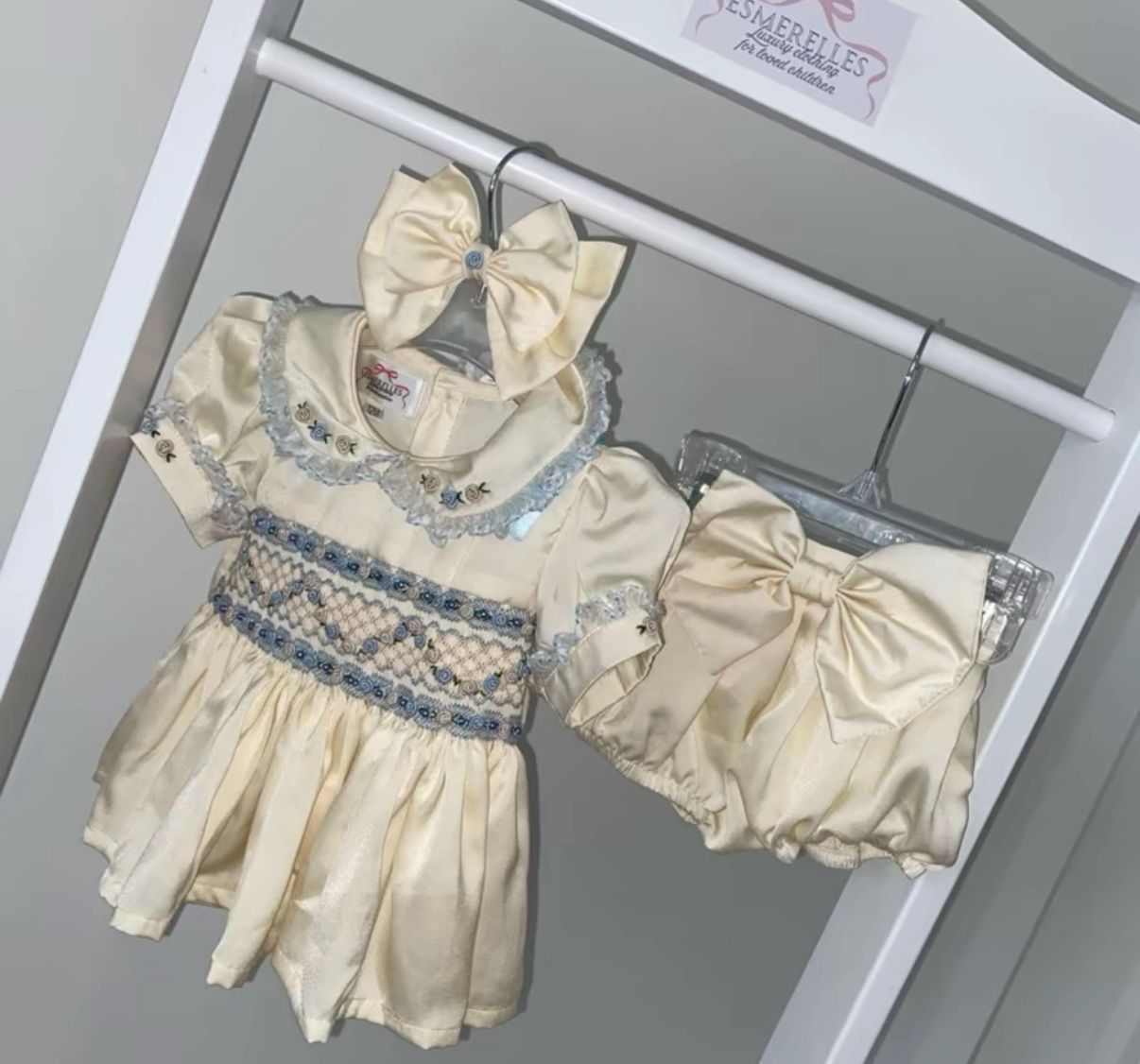 2 Piece Smocked Cream and Blue Romper Set