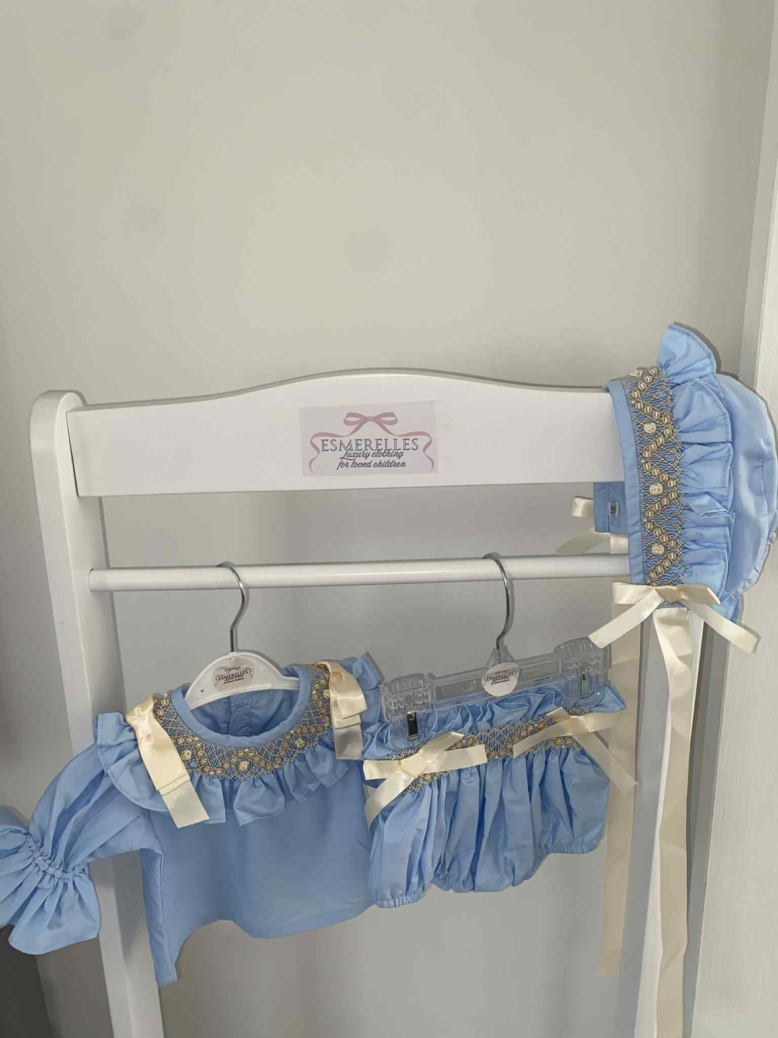 3 Piece Smocked Blue and Cream Set with Bonnet