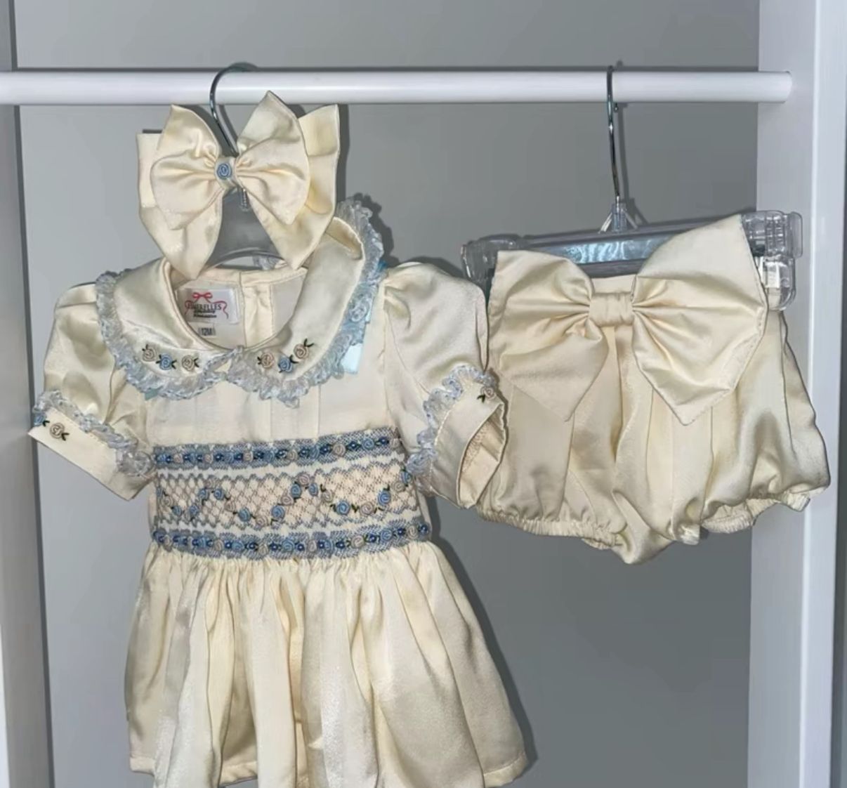2 Piece Smocked Cream and Blue Romper Set